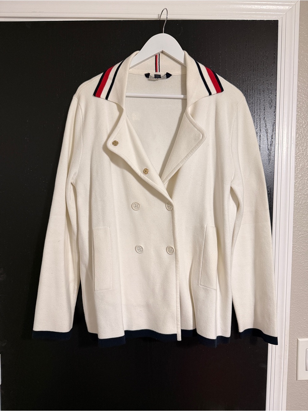 Tommy Hilfiger Cream Double-Breasted Peacoat with Navy & Red Trim